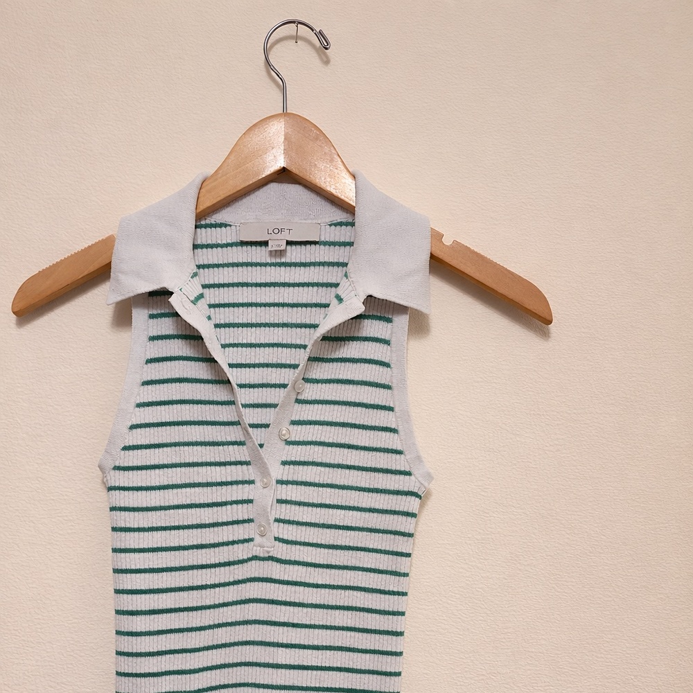 LOFT Green & White Striped Sleeveless Polo Tank